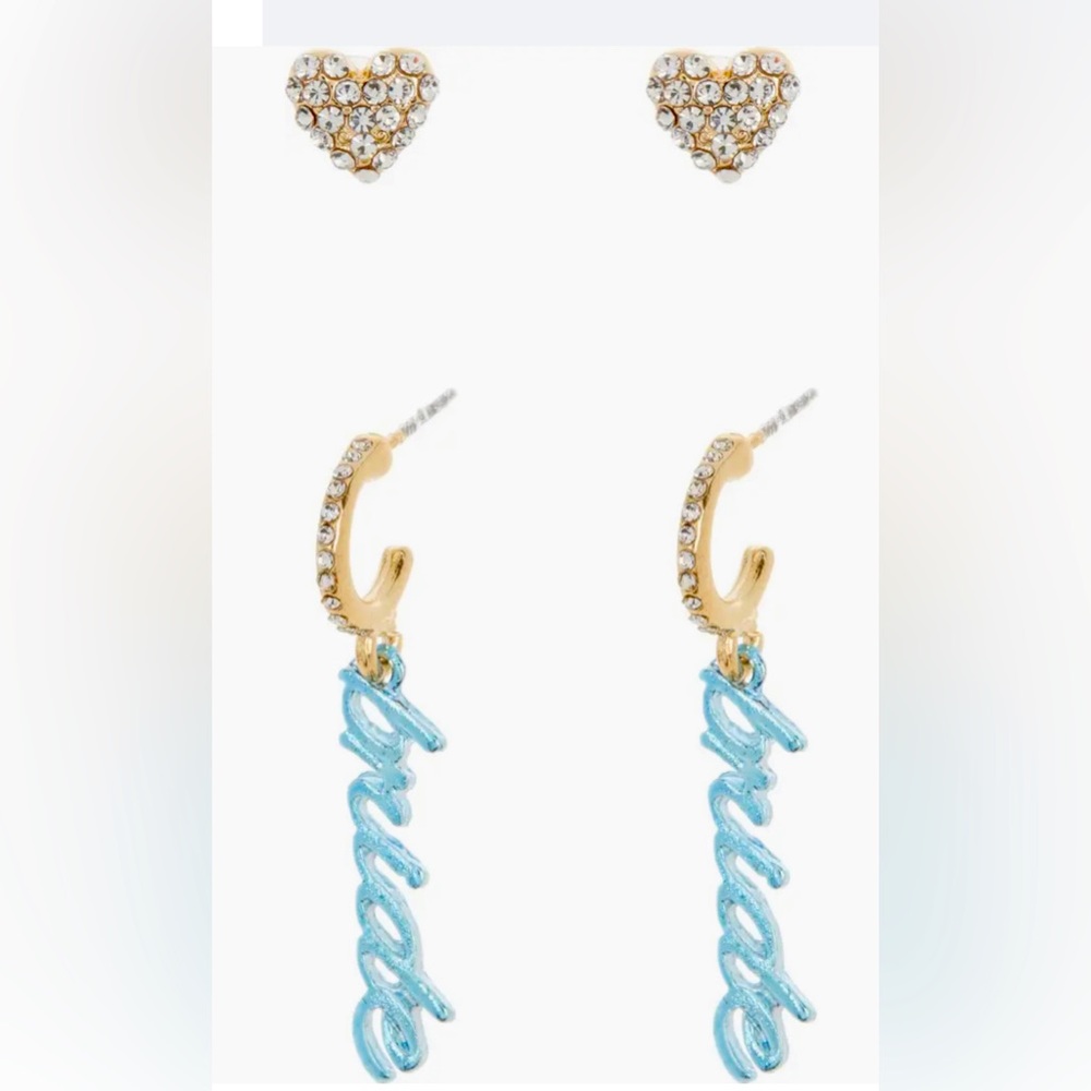 BaubleBar BRIDE Something Blue Earrings Goldtone Wedding Engagement Gift Heart